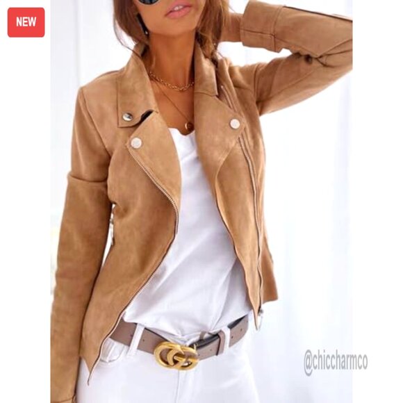 Faux Suede Cropped Jacket Long Sleeve Open Front Lightweight Winter Coat - Picture 2 of 5